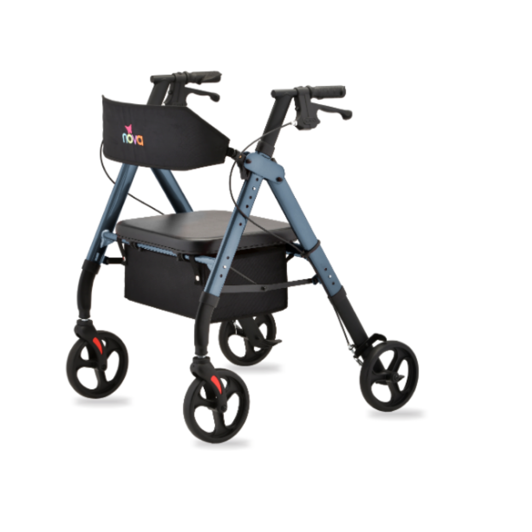 The Nova Medical Star HD Bariatric Rollator with XL Backrest features a blue and black frame, Quick-Fit adjustability, four all-terrain wheels, hand brakes, a durable seat, storage pouch, and is designed for reliable mobility support.
